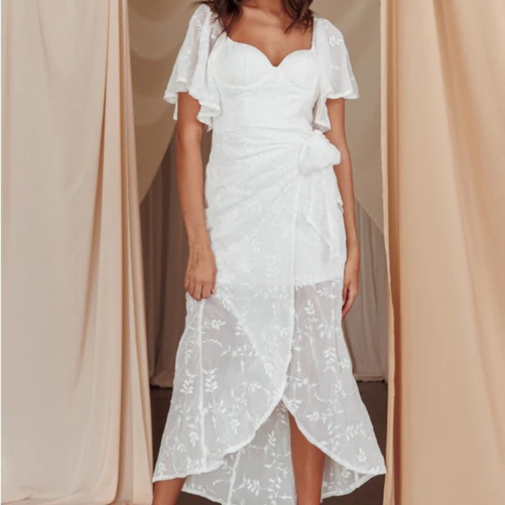 Selfie Leslie White Lace Wrap Midi Dress with Bow